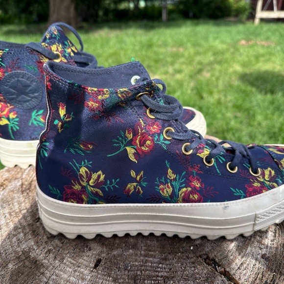 Converse Wedge Sole Navy Floral High-Top Sneakers - Picture 2 of 3